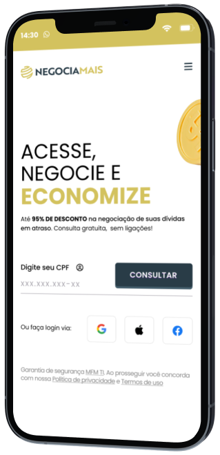 Versão mobile do Negocia Mais, site de negociação de dívidas online